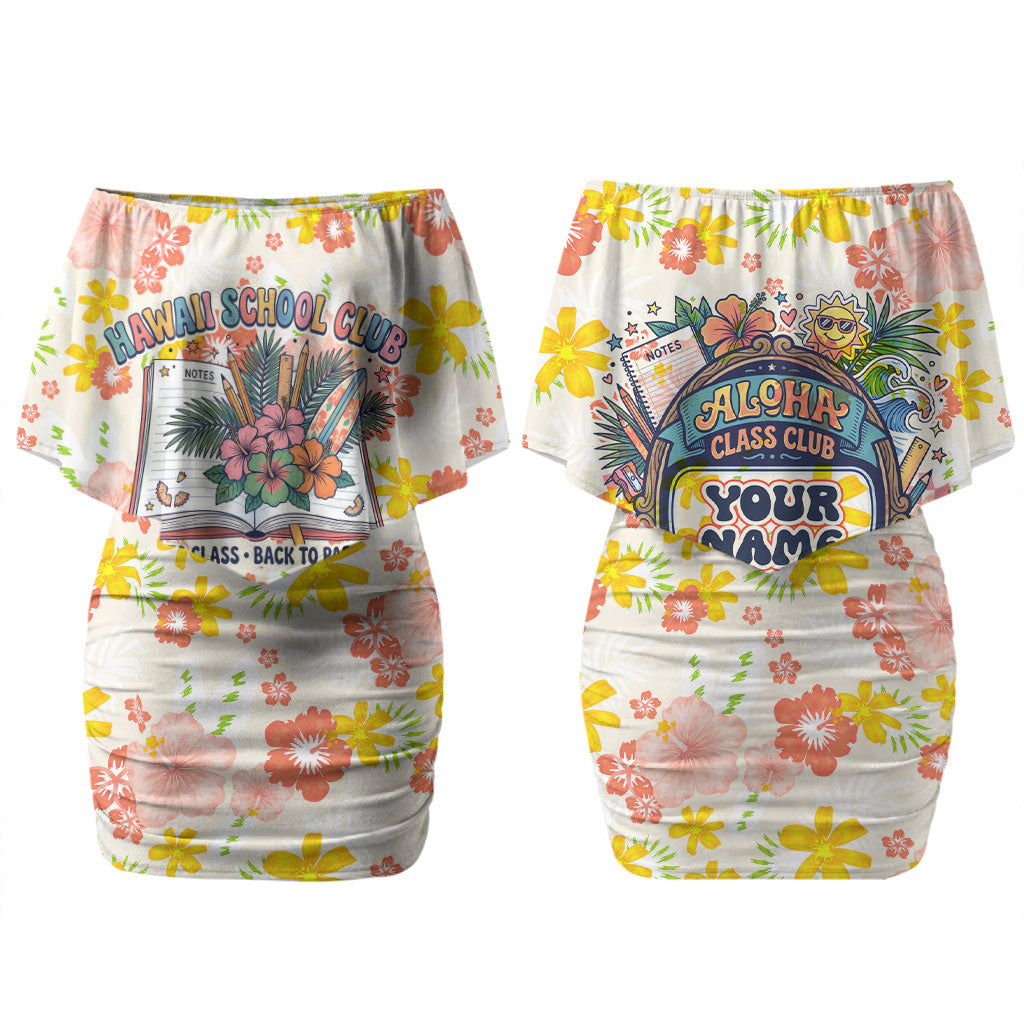 Personalized Hawaii School Club Back To Class Family Matching Off Shoulder Short Dress and Hawaiian Shirt Retro Tropical Hibiscus Pattern With Open Notebook TS04 Mom's Dress White Orange - Polynesian Pride