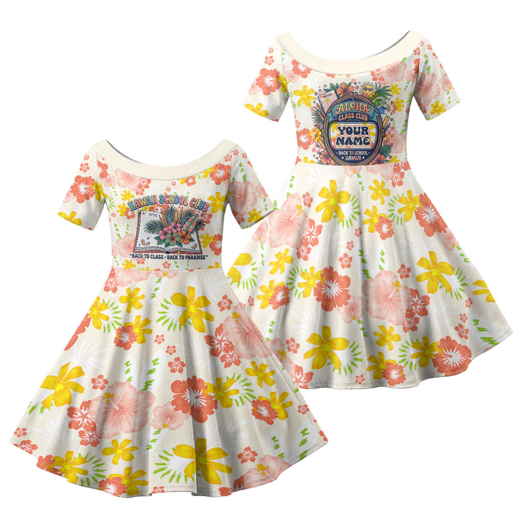 Personalized Hawaii School Club Back To Class Family Matching Puletasi and Hawaiian Shirt Retro Tropical Hibiscus Pattern With Open Notebook TS04 Daughter's Dress White Orange - Polynesian Pride