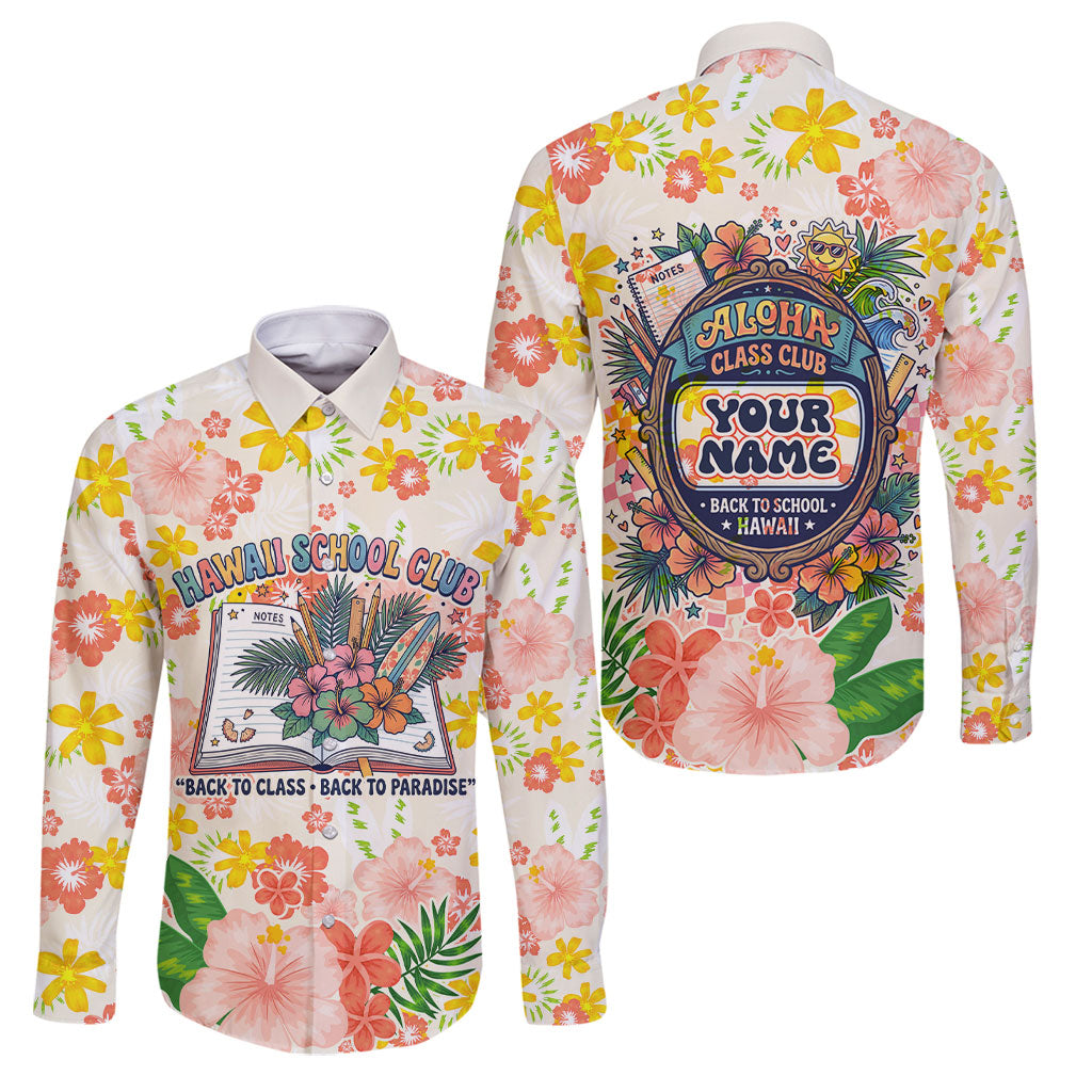 Personalized Hawaii School Club Back To Class Family Matching Summer Maxi Dress and Hawaiian Shirt Retro Tropical Hibiscus Pattern With Open Notebook TS04 Dad's Shirt - Long Sleeve White Orange - Polynesian Pride