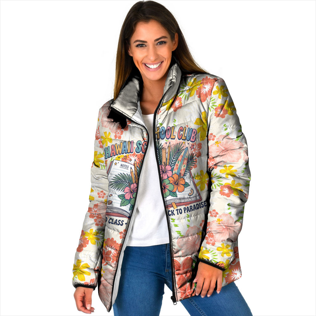 Personalized Hawaii School Club Back To Class Padded Jacket Retro Tropical Hibiscus Pattern With Open Notebook TS04 Women White Orange - Polynesian Pride