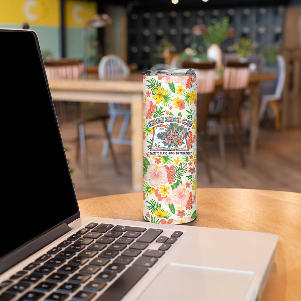Personalized Hawaii School Club Back To Class Skinny Tumbler Retro Tropical Hibiscus Pattern With Open Notebook TS04 - Polynesian Pride