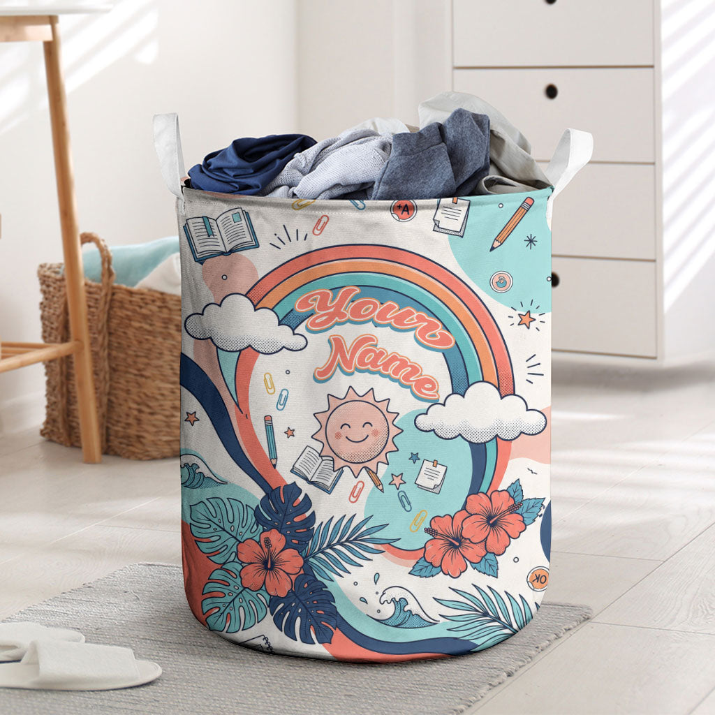 Personalized Hawaii Back To School Laundry Basket Retro Rainbow Sun with Tropical Hibiscus Flowers TS04 White Blue - Polynesian Pride