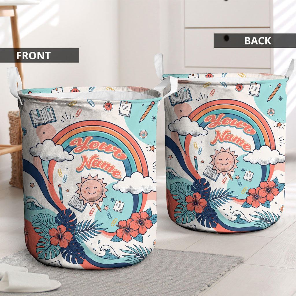 Personalized Hawaii Back To School Laundry Basket Retro Rainbow Sun with Tropical Hibiscus Flowers TS04 - Polynesian Pride