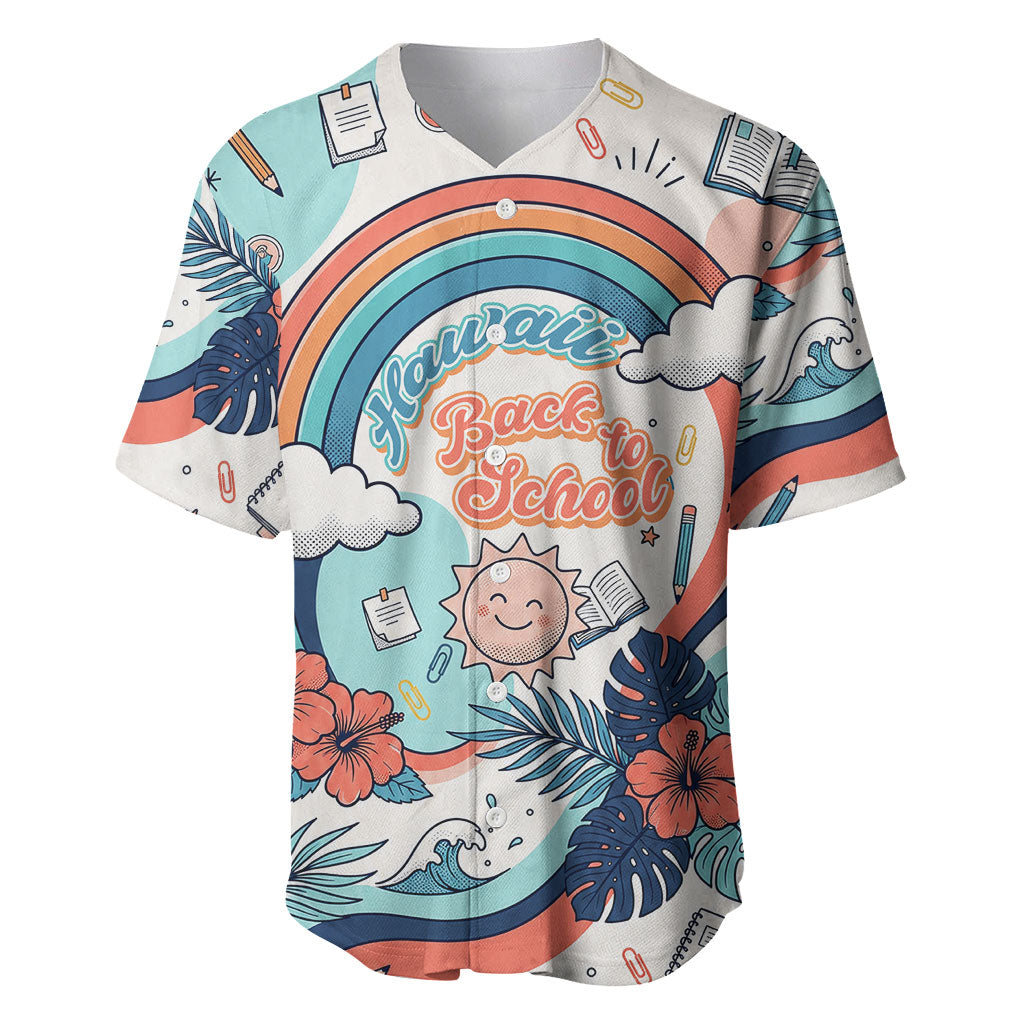 Personalized Hawaii Back To School Baseball Jersey Retro Rainbow Sun with Tropical Hibiscus Flowers TS04 White Blue - Polynesian Pride