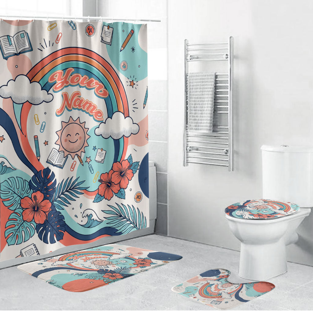 Personalized Hawaii Back To School Bathroom Set Retro Rainbow Sun with Tropical Hibiscus Flowers TS04 Bathroom Set (4 pcs) White Blue - Polynesian Pride