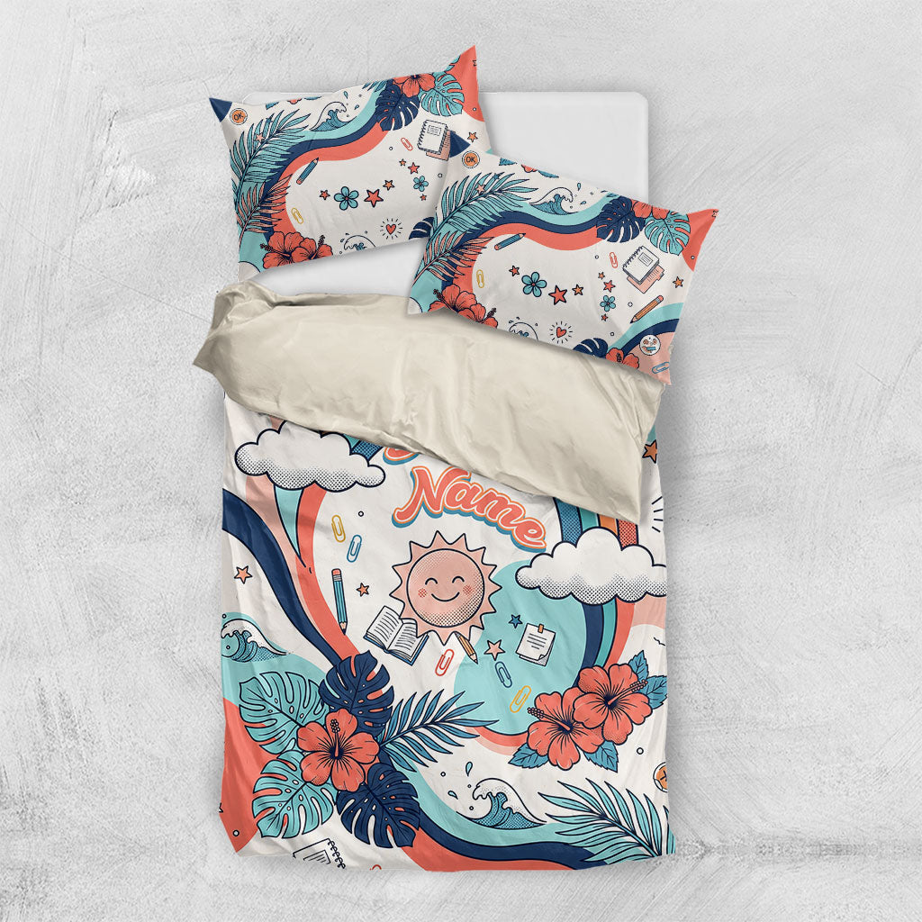 Personalized Hawaii Back To School Bedding Set Retro Rainbow Sun with Tropical Hibiscus Flowers TS04 US Twin 172cm x 218cm White Blue - Polynesian Pride