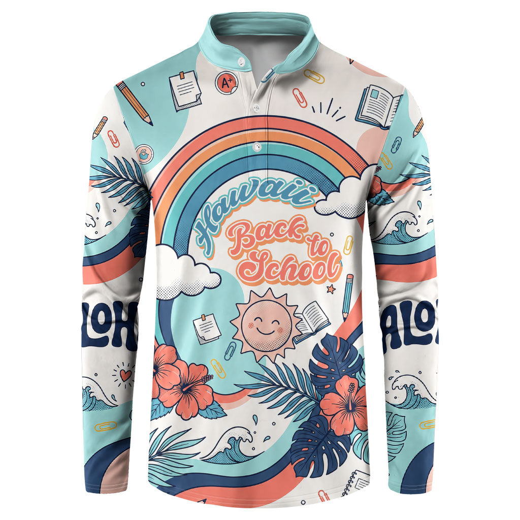 Personalized Hawaii Back To School Button Sweatshirt Retro Rainbow Sun with Tropical Hibiscus Flowers TS04 White Blue - Polynesian Pride