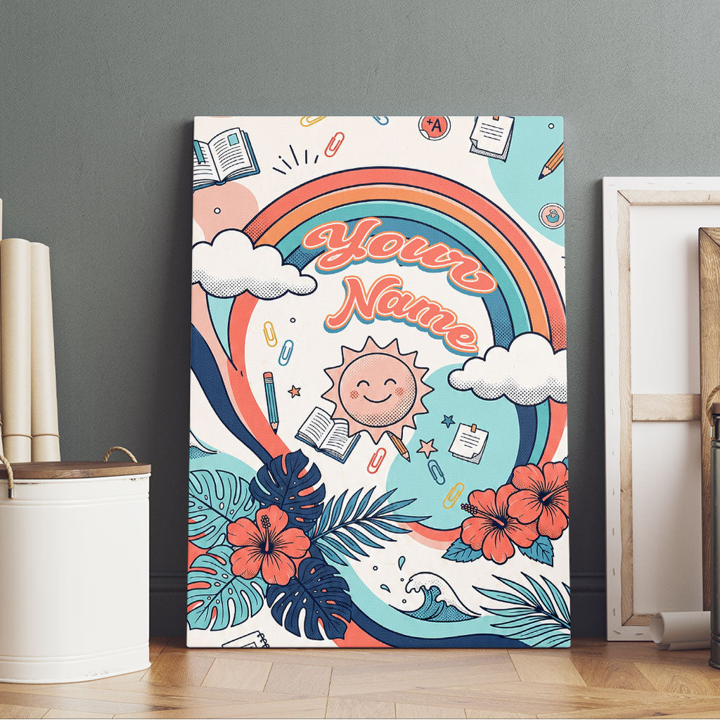 Personalized Hawaii Back To School Canvas Wall Art Retro Rainbow Sun with Tropical Hibiscus Flowers TS04 - Polynesian Pride