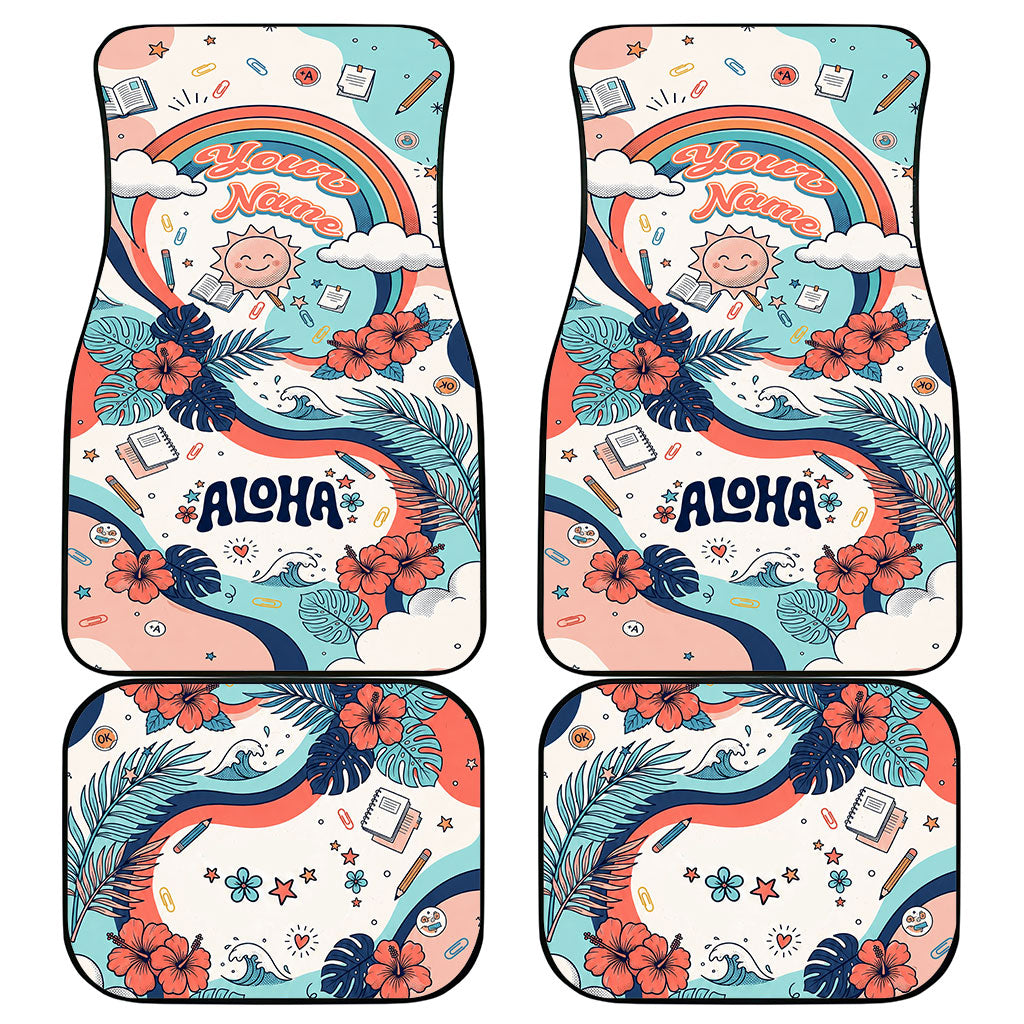 Personalized Hawaii Back To School Car Mats Retro Rainbow Sun with Tropical Hibiscus Flowers TS04 - Polynesian Pride