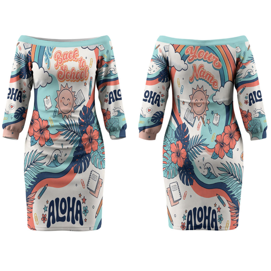 Personalized Hawaii Back To School Couples Matching Off The Shoulder Long Sleeve Dress and Long Sleeve Button Shirt Retro Rainbow Sun with Tropical Hibiscus Flowers TS04 - Polynesian Pride