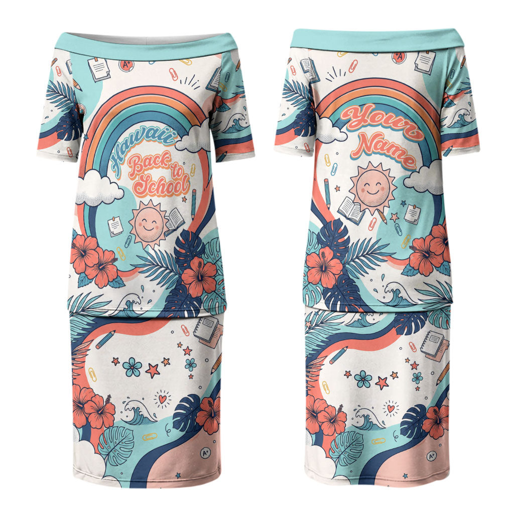 Personalized Hawaii Back To School Couples Matching Puletasi and Hawaiian Shirt Retro Rainbow Sun with Tropical Hibiscus Flowers TS04 - Polynesian Pride