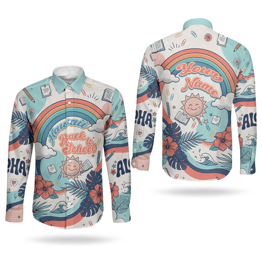 Personalized Hawaii Back To School Couples Matching Puletasi and Long Sleeve Button Shirt Retro Rainbow Sun with Tropical Hibiscus Flowers TS04 - Polynesian Pride