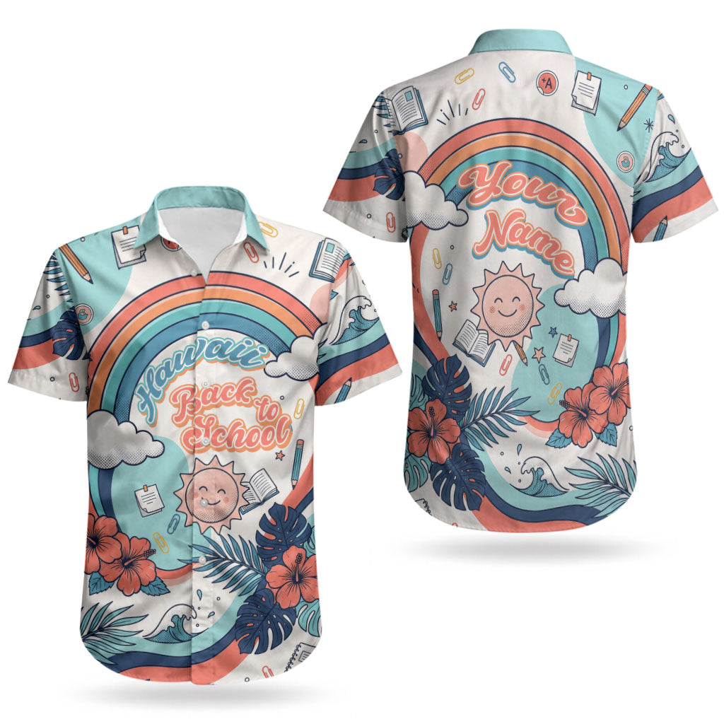 Personalized Hawaii Back To School Couples Matching Summer Maxi Dress and Hawaiian Shirt Retro Rainbow Sun with Tropical Hibiscus Flowers TS04 - Polynesian Pride