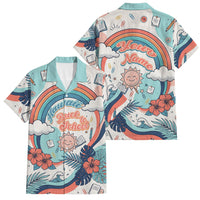 Personalized Hawaii Back To School Family Matching Mermaid Dress and Hawaiian Shirt Retro Rainbow Sun with Tropical Hibiscus Flowers TS04 Dad's Shirt - Short Sleeve White Blue - Polynesian Pride