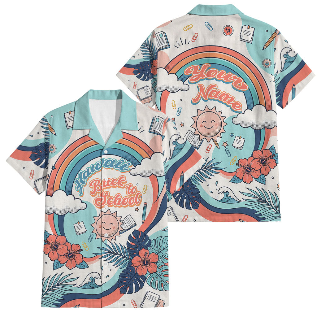 Personalized Hawaii Back To School Family Matching Off The Shoulder Long Sleeve Dress and Hawaiian Shirt Retro Rainbow Sun with Tropical Hibiscus Flowers TS04 Dad's Shirt - Short Sleeve White Blue - Polynesian Pride