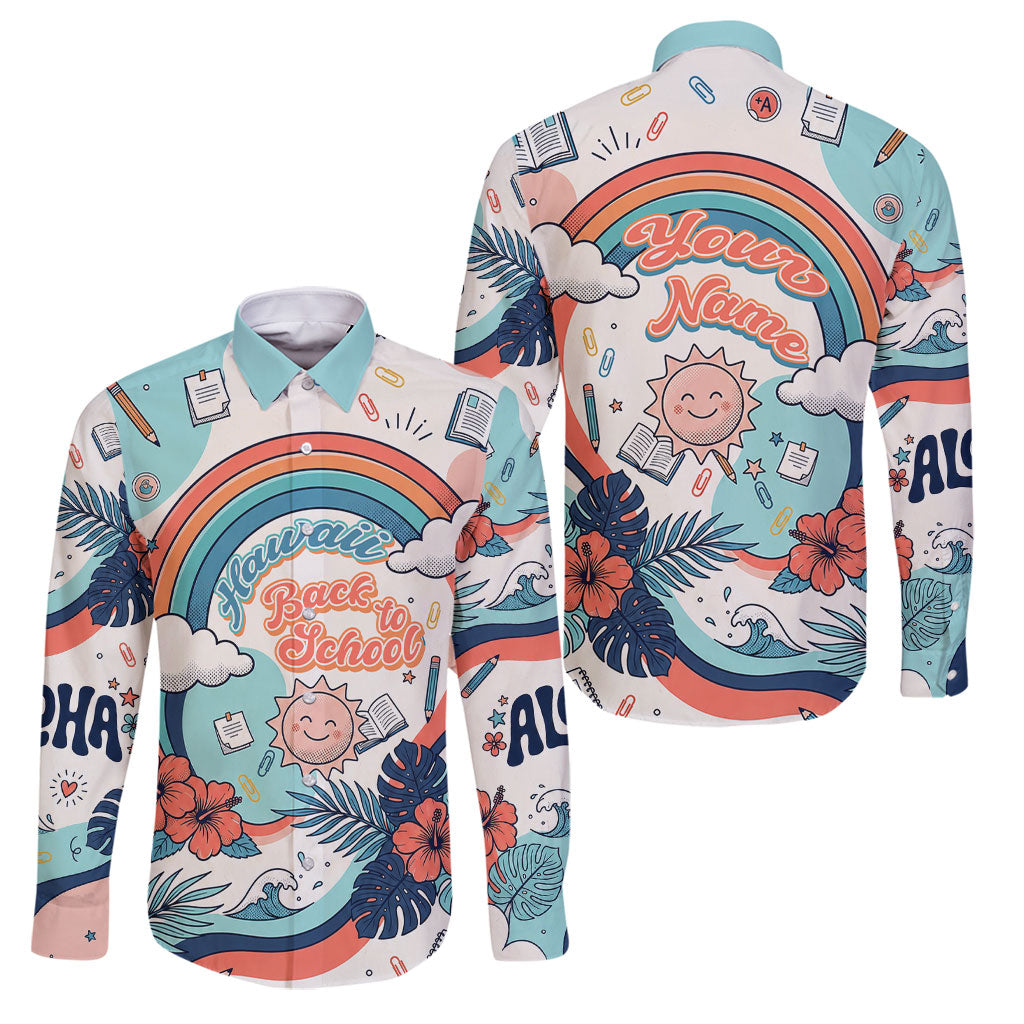 Personalized Hawaii Back To School Family Matching Summer Maxi Dress and Hawaiian Shirt Retro Rainbow Sun with Tropical Hibiscus Flowers TS04 Dad's Shirt - Long Sleeve White Blue - Polynesian Pride