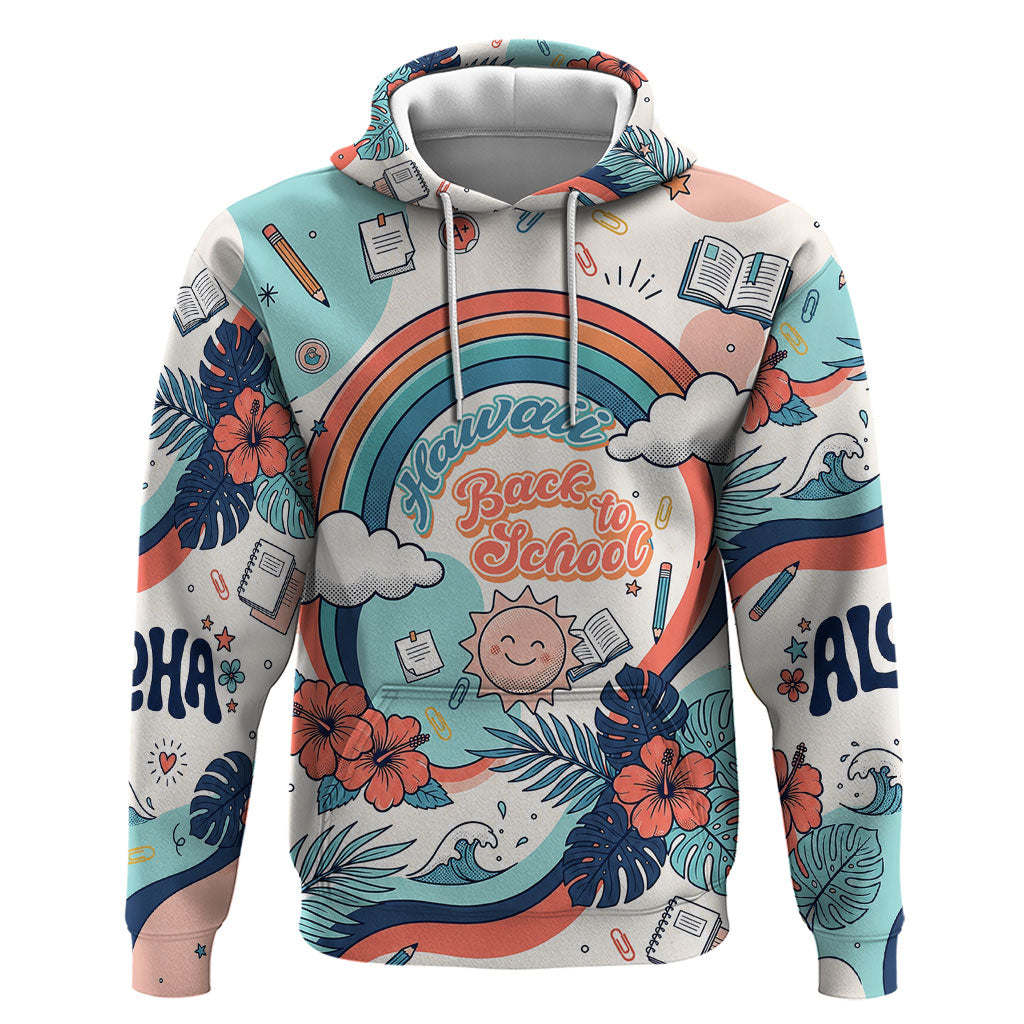 Personalized Hawaii Back To School Hoodie Retro Rainbow Sun with Tropical Hibiscus Flowers TS04 Pullover Hoodie White Blue - Polynesian Pride