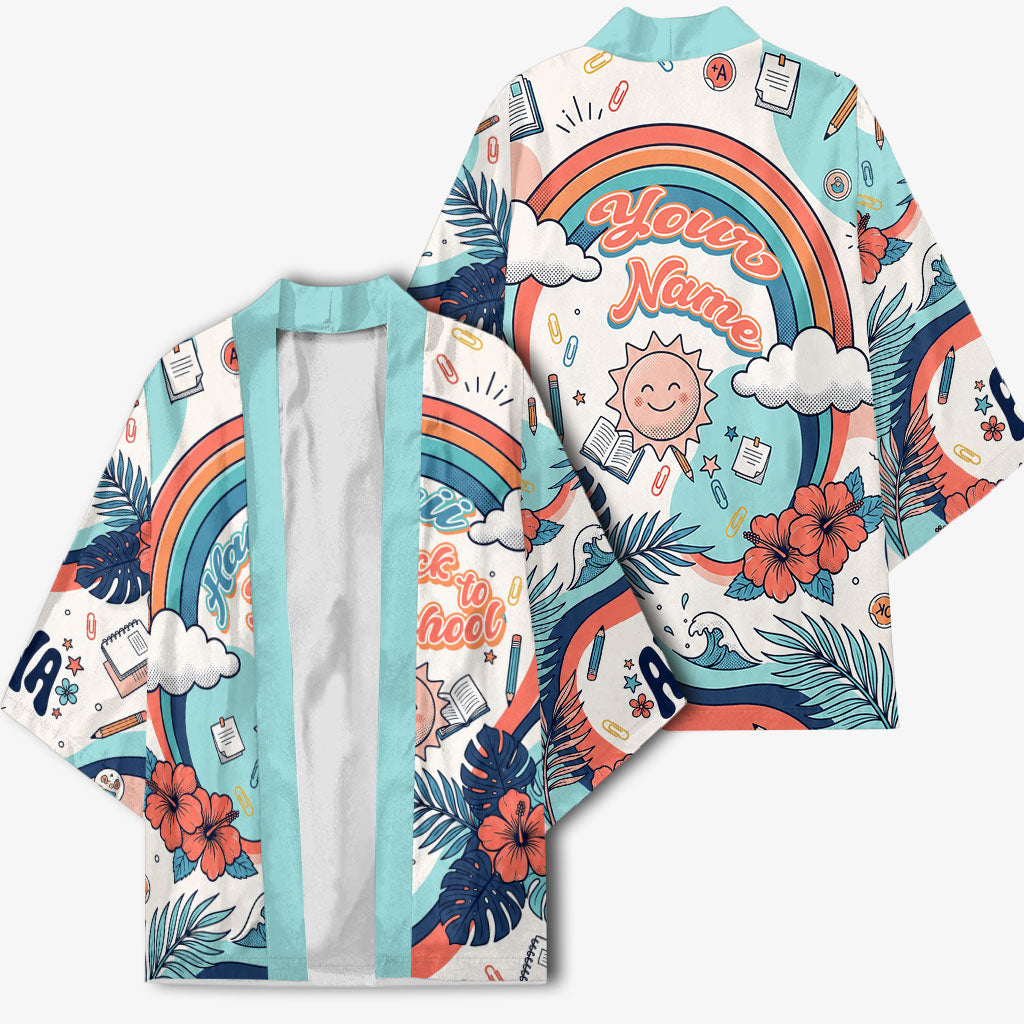 Personalized Hawaii Back To School Kimono Retro Rainbow Sun with Tropical Hibiscus Flowers TS04 - Polynesian Pride