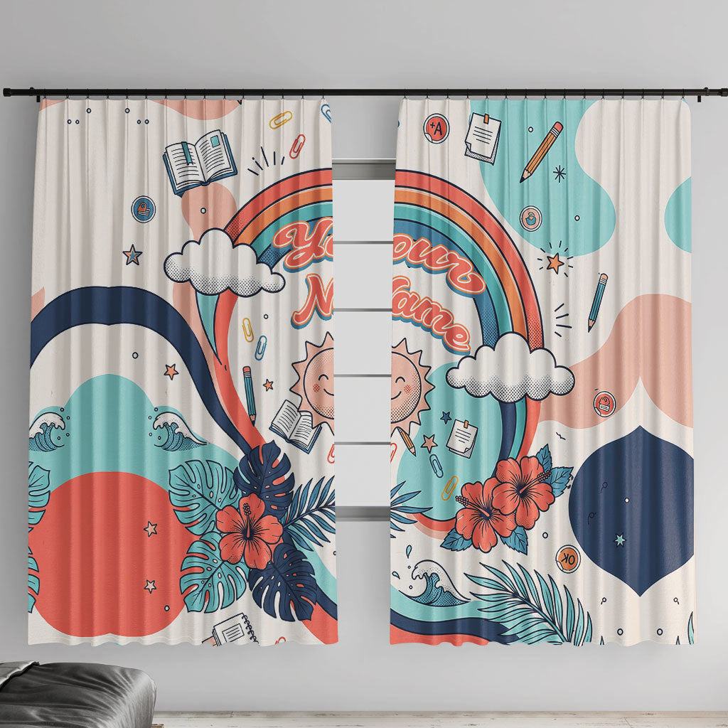 Personalized Hawaii Back To School Window Curtain Retro Rainbow Sun with Tropical Hibiscus Flowers TS04 With Hooks White Blue - Polynesian Pride