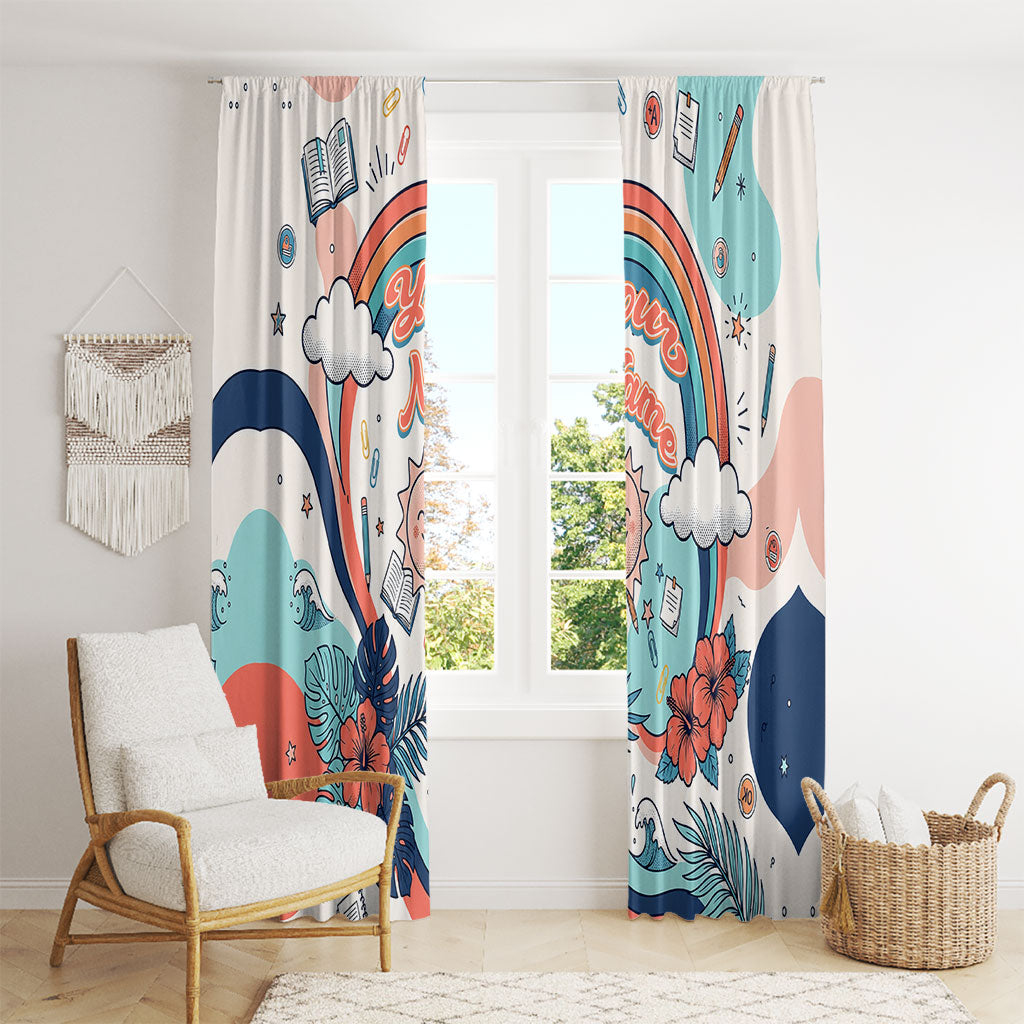 Personalized Hawaii Back To School Window Curtain Retro Rainbow Sun with Tropical Hibiscus Flowers TS04 - Polynesian Pride