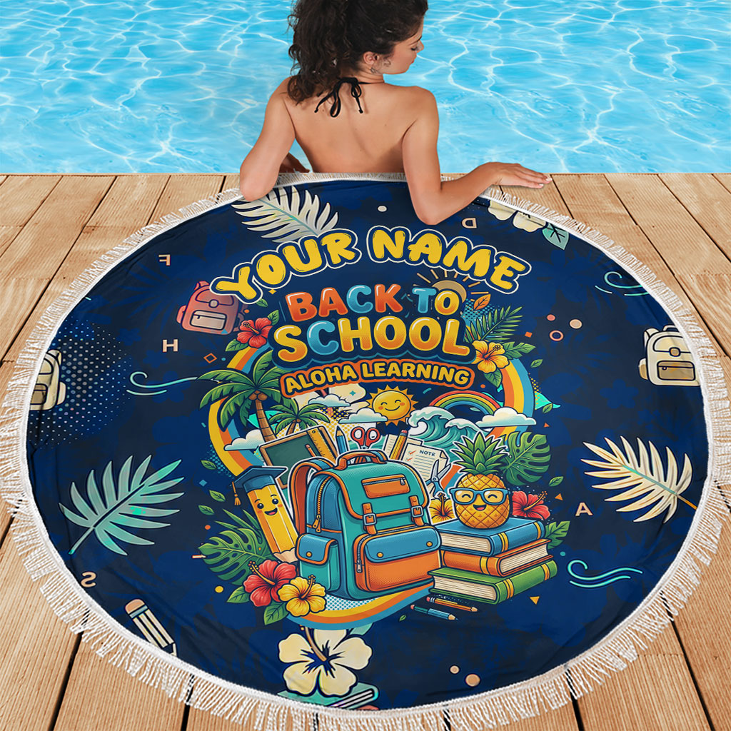 Personalized Hawaii Back To School Aloha Learning Beach Blanket Retro Rainbow open Notebook with Pineapple and Hibiscus Flowers TS04 - Polynesian Pride