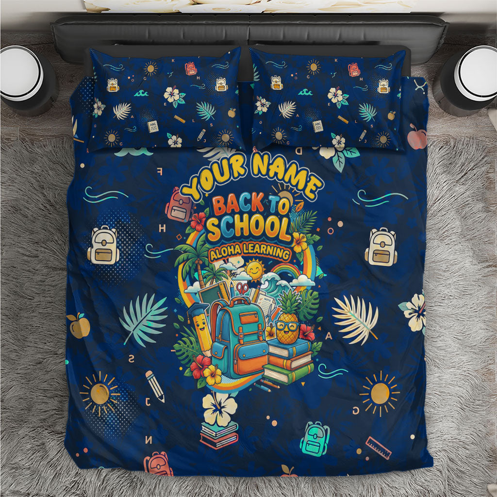 Personalized Hawaii Back To School Aloha Learning Bedding Set Retro Rainbow open Notebook with Pineapple and Hibiscus Flowers TS04 Blue - Polynesian Pride