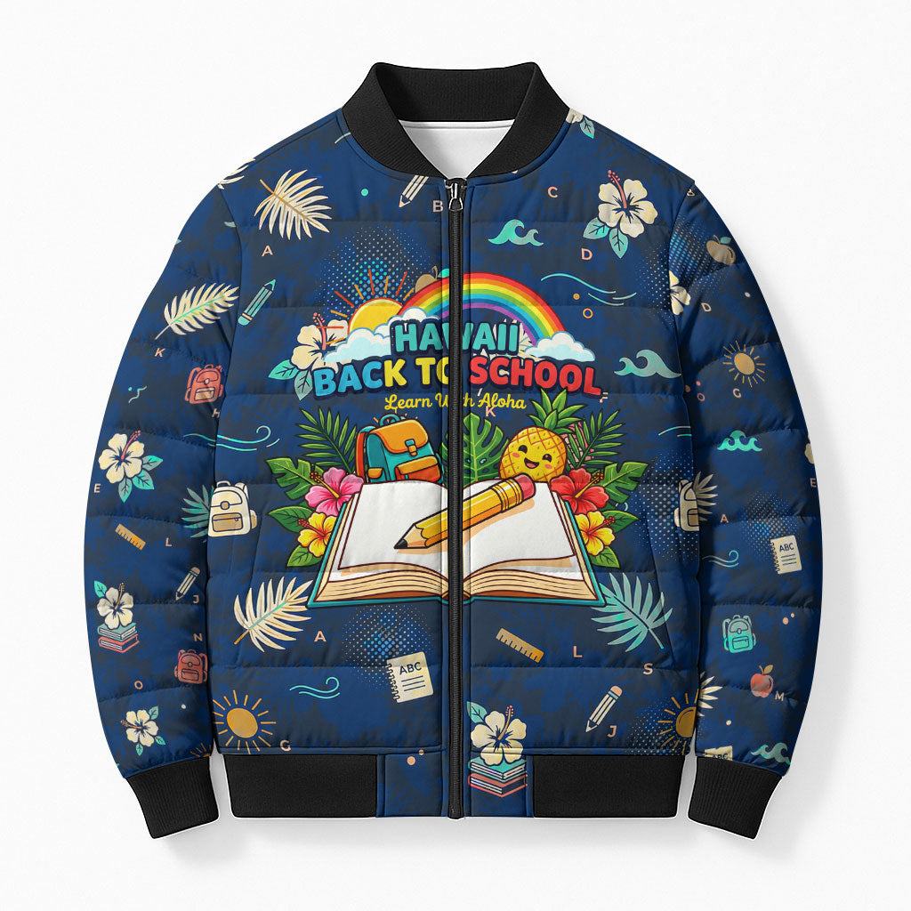 Personalized Hawaii Back To School Aloha Learning Bomber Puffer Jacket Retro Rainbow open Notebook with Pineapple and Hibiscus Flowers TS04 Unisex Blue - Polynesian Pride