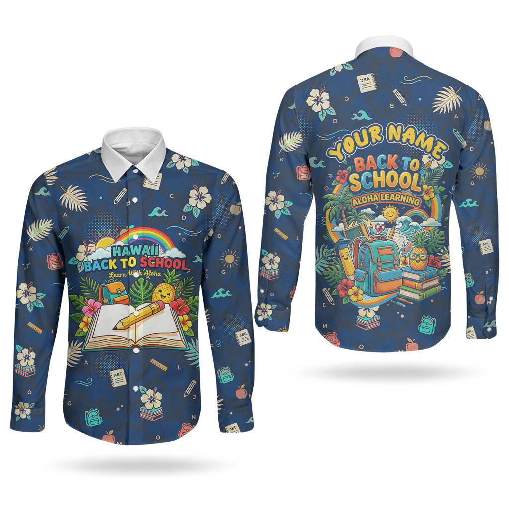 Personalized Hawaii Back To School Aloha Learning Couples Matching Puletasi and Long Sleeve Button Shirt Retro Rainbow open Notebook with Pineapple and Hibiscus Flowers TS04 - Polynesian Pride