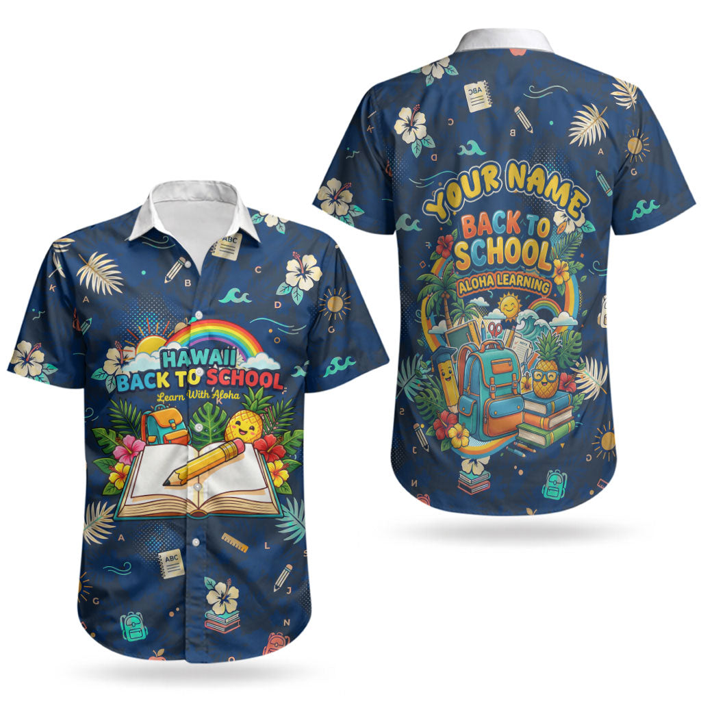 Personalized Hawaii Back To School Aloha Learning Couples Matching Short Sleeve Bodycon Dress and Hawaiian Shirt Retro Rainbow open Notebook with Pineapple and Hibiscus Flowers TS04 - Polynesian Pride