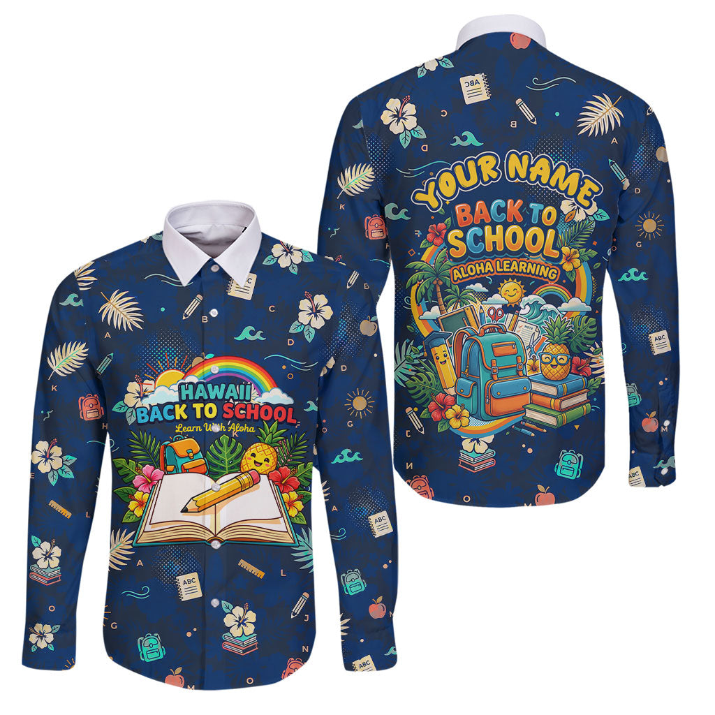 Personalized Hawaii Back To School Aloha Learning Family Matching Long Sleeve Bodycon Dress and Hawaiian Shirt Retro Rainbow open Notebook with Pineapple and Hibiscus Flowers TS04 Dad's Shirt - Long Sleeve Blue - Polynesian Pride