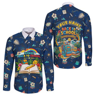 Personalized Hawaii Back To School Aloha Learning Family Matching Long Sleeve Bodycon Dress and Hawaiian Shirt Retro Rainbow open Notebook with Pineapple and Hibiscus Flowers TS04 Dad's Shirt - Long Sleeve Blue - Polynesian Pride