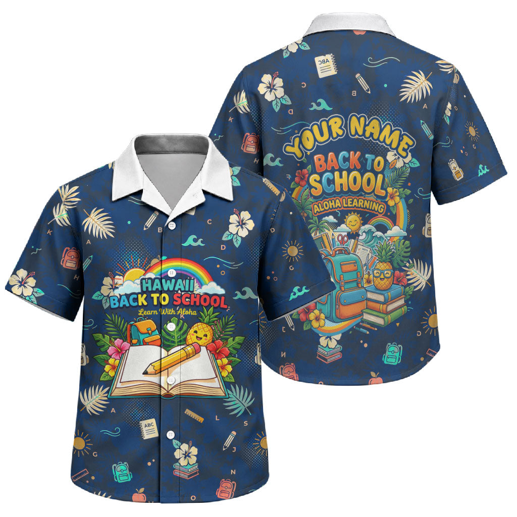 Personalized Hawaii Back To School Aloha Learning Family Matching Off Shoulder Maxi Dress and Hawaiian Shirt Retro Rainbow open Notebook with Pineapple and Hibiscus Flowers TS04 Son's Shirt Blue - Polynesian Pride
