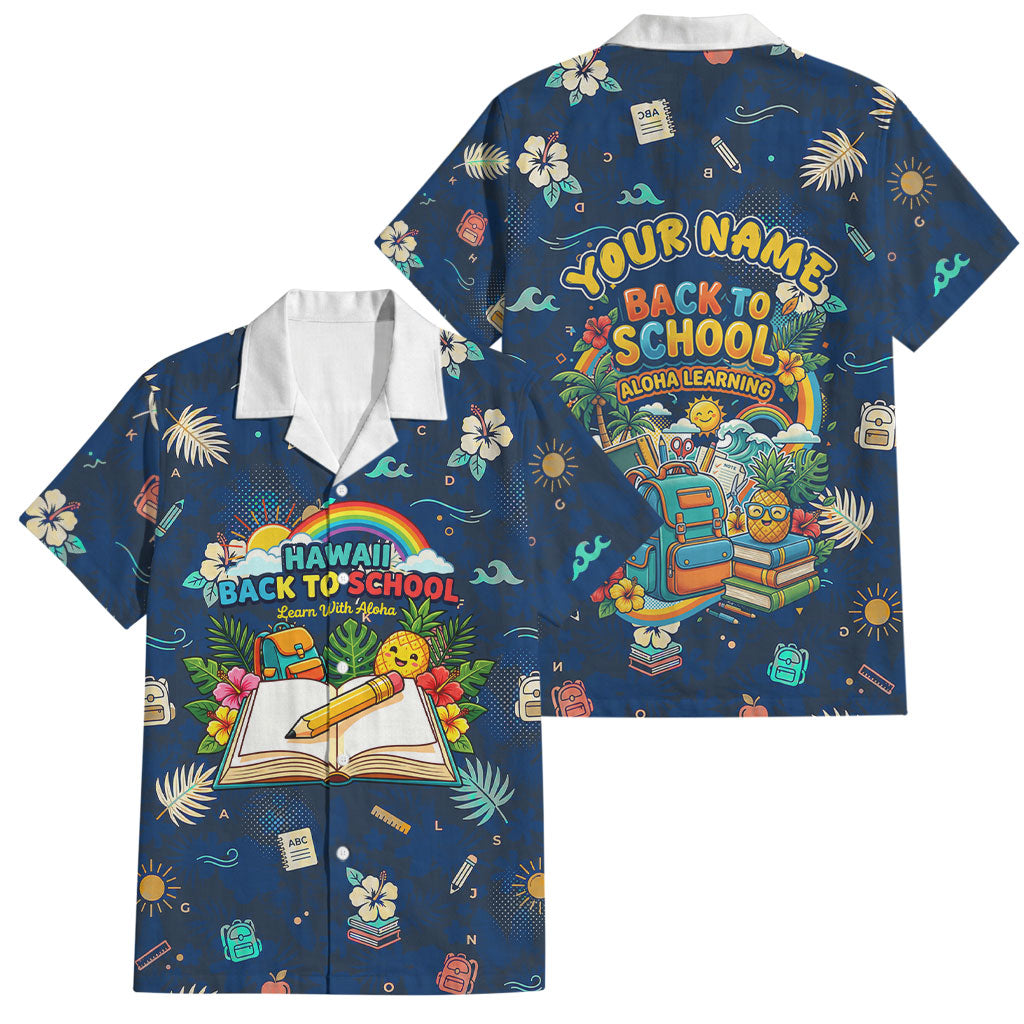 Personalized Hawaii Back To School Aloha Learning Family Matching Tank Maxi Dress and Hawaiian Shirt Retro Rainbow open Notebook with Pineapple and Hibiscus Flowers TS04 Dad's Shirt - Short Sleeve Blue - Polynesian Pride