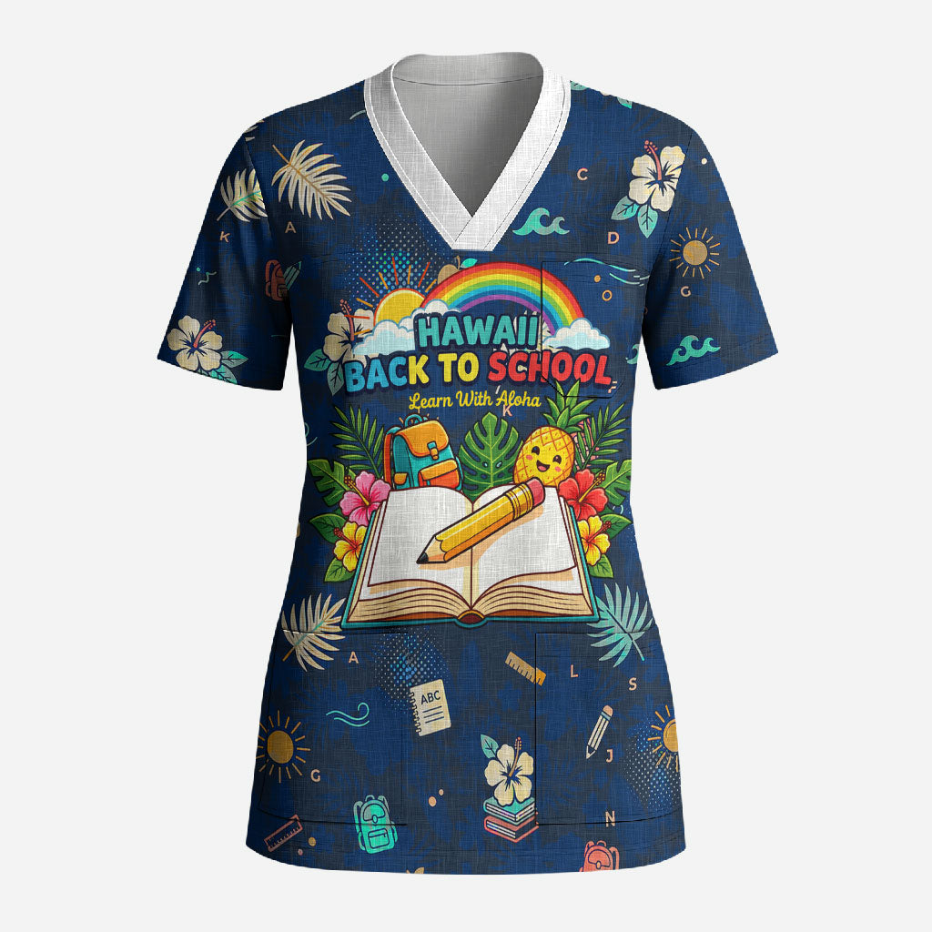 Personalized Hawaii Back To School Aloha Learning Scrub Top Retro Rainbow open Notebook with Pineapple and Hibiscus Flowers TS04 Adult Blue - Polynesian Pride