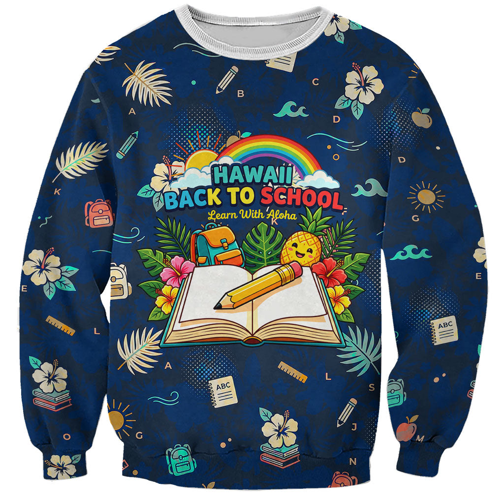 Personalized Hawaii Back To School Aloha Learning Sweatshirt Retro Rainbow open Notebook with Pineapple and Hibiscus Flowers TS04 Unisex Blue - Polynesian Pride