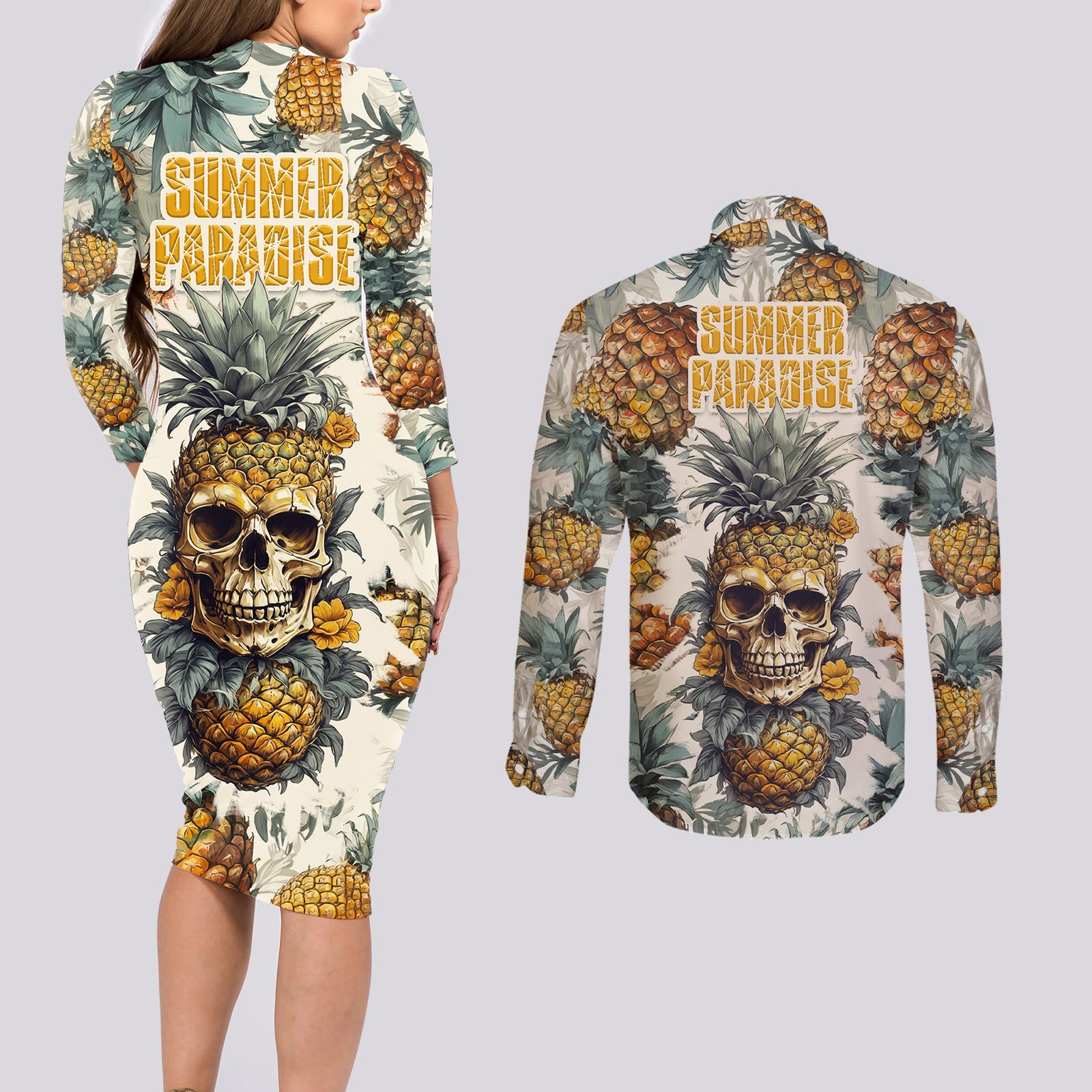 Pineapple Skull Couples Matching Long Sleeve Bodycon Dress and Long Sleeve Button Shirts Summer Paradise TS04 Multicolor - Polynesian Pride