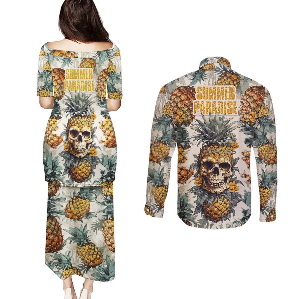 Pineapple Skull Couples Matching Puletasi Dress and Long Sleeve Button Shirts Summer Paradise TS04 Multicolor - Polynesian Pride
