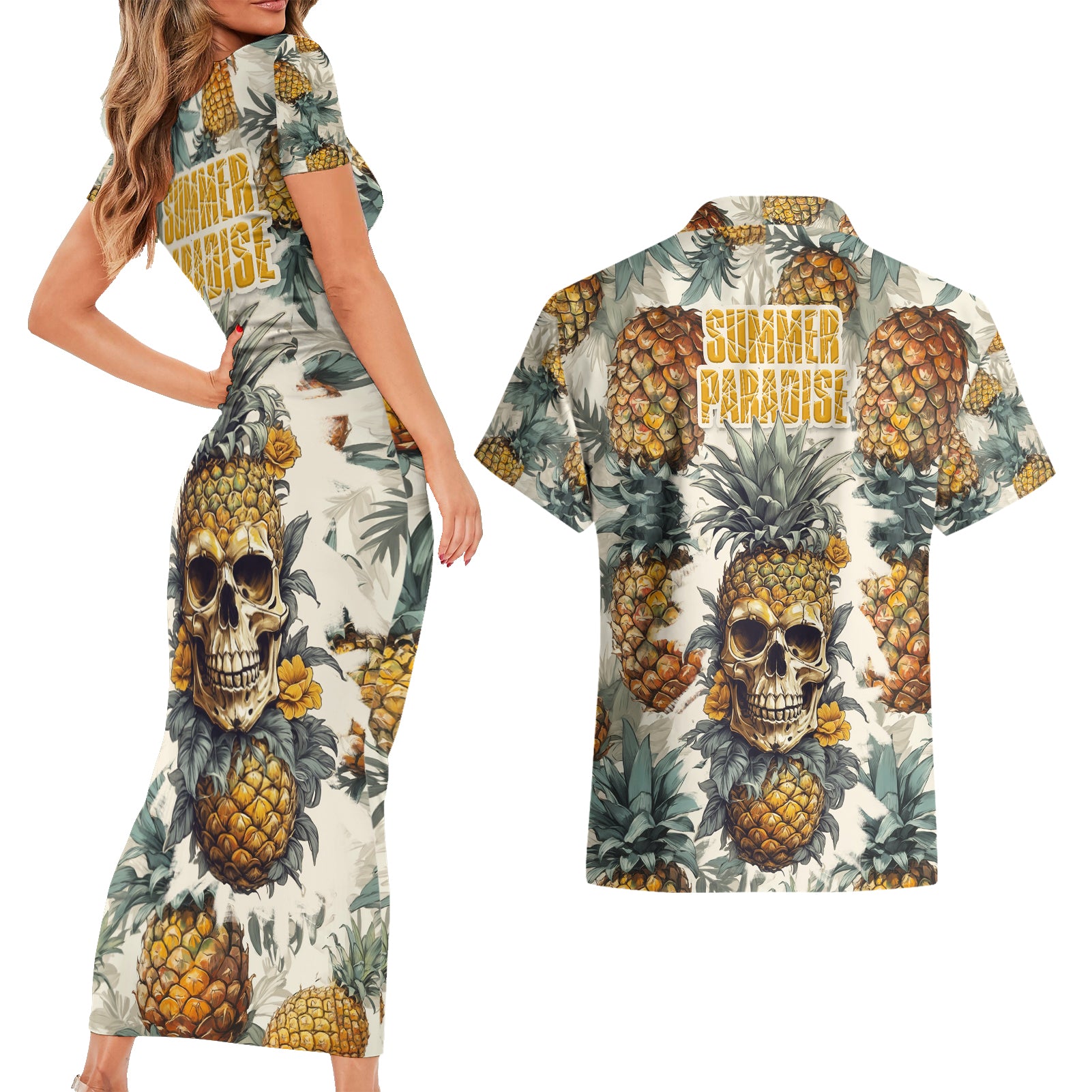 Pineapple Skull Couples Matching Short Sleeve Bodycon Dress and Hawaiian Shirt Summer Paradise TS04 Multicolor - Polynesian Pride