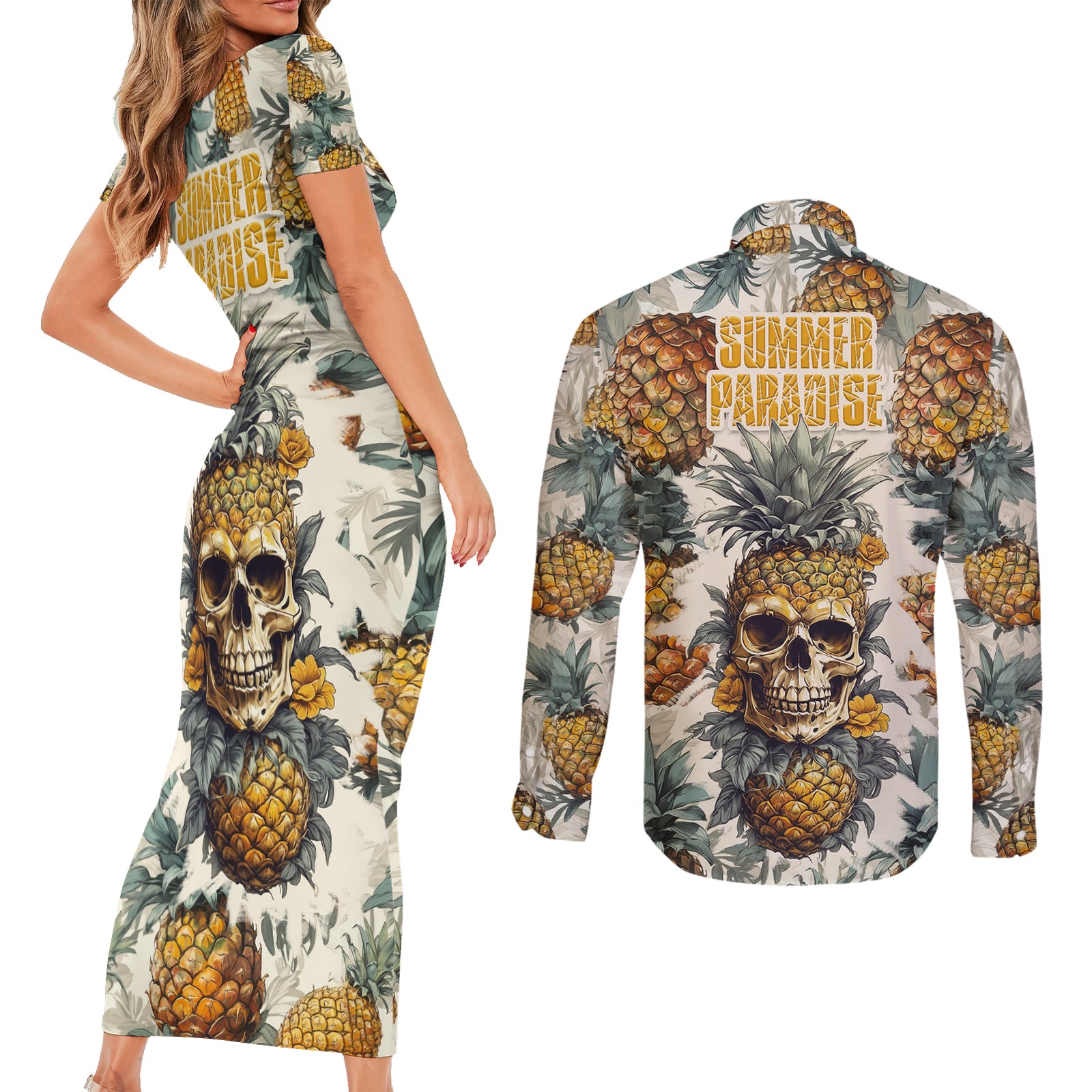 Pineapple Skull Couples Matching Short Sleeve Bodycon Dress and Long Sleeve Button Shirts Summer Paradise TS04 Multicolor - Polynesian Pride
