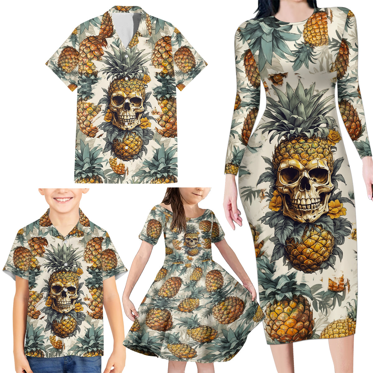 Pineapple Skull Family Matching Long Sleeve Bodycon Dress and Hawaiian Shirt Summer Paradise TS04 - Polynesian Pride