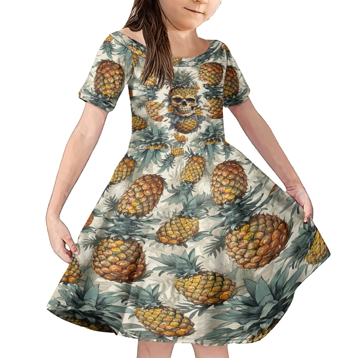 Pineapple Skull Family Matching Summer Maxi Dress and Hawaiian Shirt Summer Paradise TS04 Daughter's Dress Multicolor - Polynesian Pride