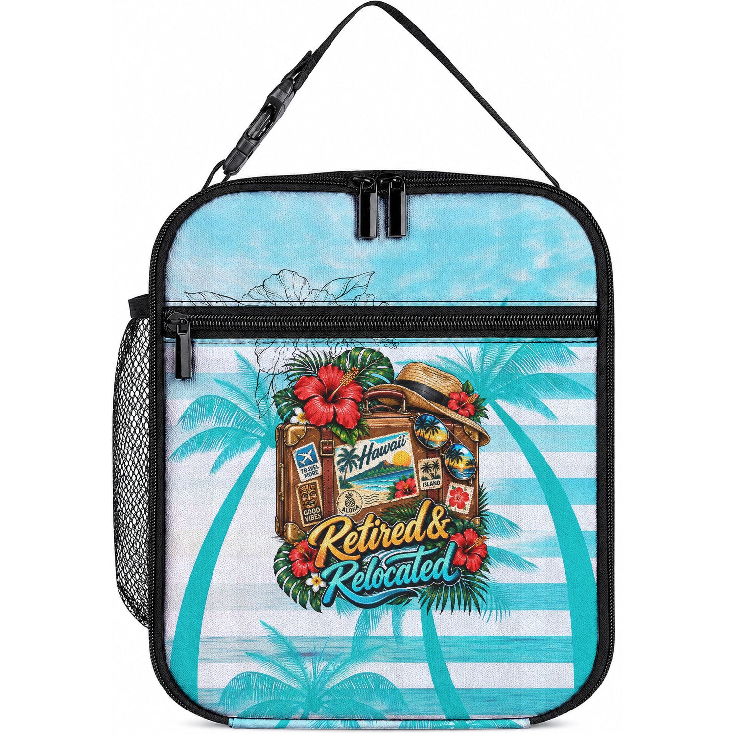 Out Of Office Retired Relocated Lunch Bag Tropical Island Hawaiian Beach Sunset Sunglasses Suitcase TS04 10.2 × 8.3 × 4.3 inch Blue White - Polynesian Pride