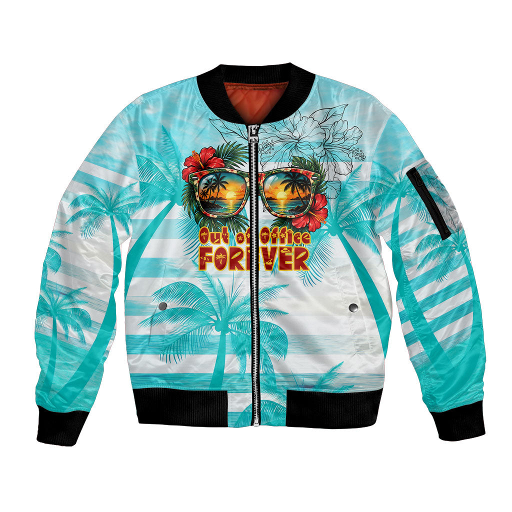 Out Of Office Retired Relocated Sleeve Zip Bomber Jacket Tropical Island Hawaiian Beach Sunset Sunglasses Suitcase TS04 Unisex Blue White - Polynesian Pride