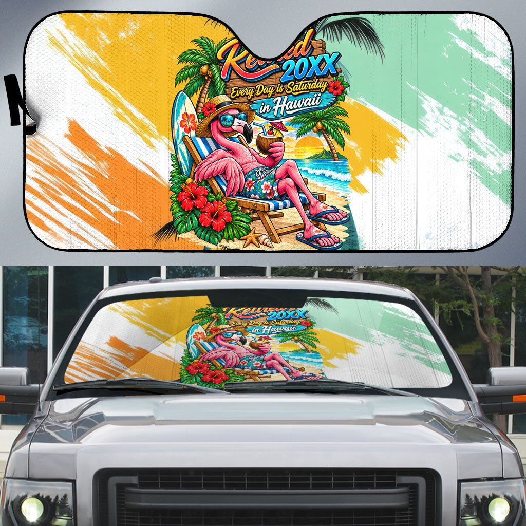 Hawaii Retirement Vacation Auto Sun Shade Tropical Sunset Beach Pink Flamingo Surfboard Palm Tree