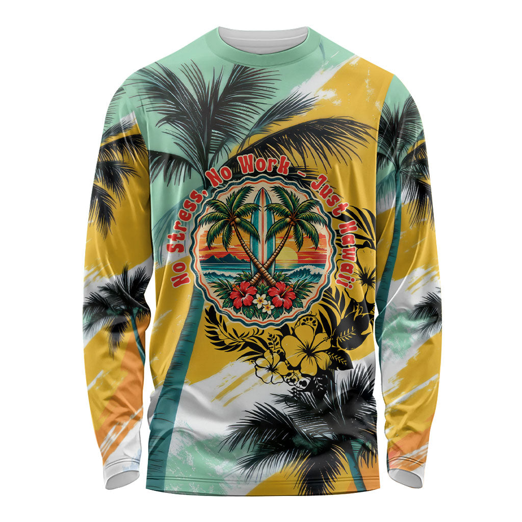 Hawaii Retirement Vacation Long Sleeve Shirt Tropical Sunset Beach Pink Flamingo Surfboard Palm Tree TS04 Unisex Yellow Green - Polynesian Pride