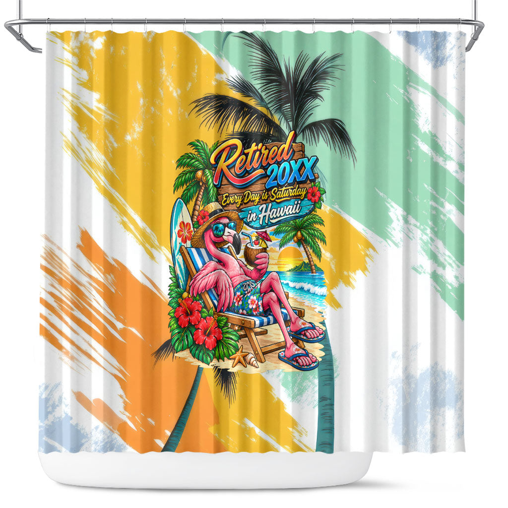 Hawaii Retirement Vacation Shower Curtain Tropical Sunset Beach Pink Flamingo Surfboard Palm Tree TS04 Yellow Green - Polynesian Pride