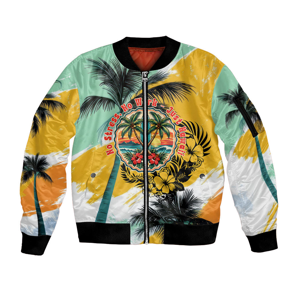 Hawaii Retirement Vacation Sleeve Zip Bomber Jacket Tropical Sunset Beach Pink Flamingo Surfboard Palm Tree TS04 Unisex Yellow Green - Polynesian Pride