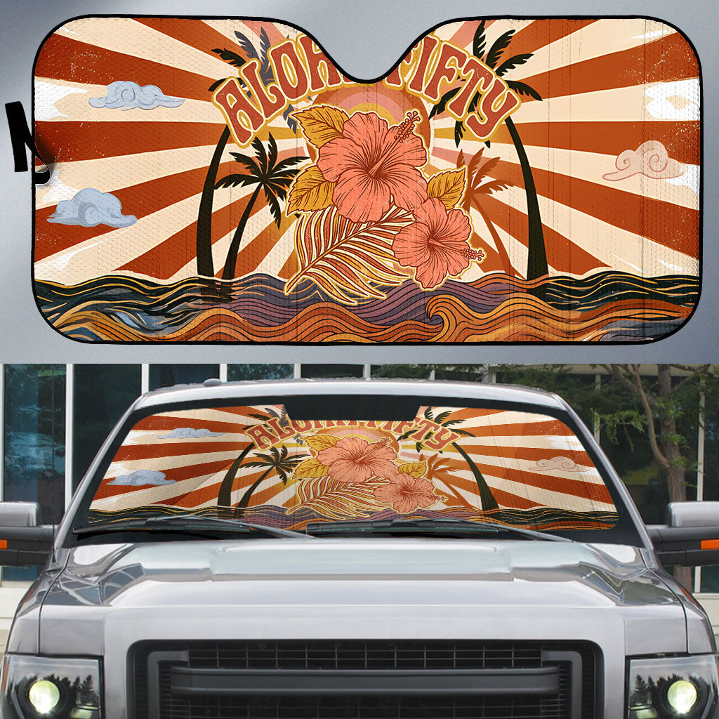 Aloha Nifty 50th Birthday Hawaii Auto Sun Shade Vintage Retro Sunburst Tropical Palm Tree Surfboard Art TS04 Orange Beige - Polynesian Pride