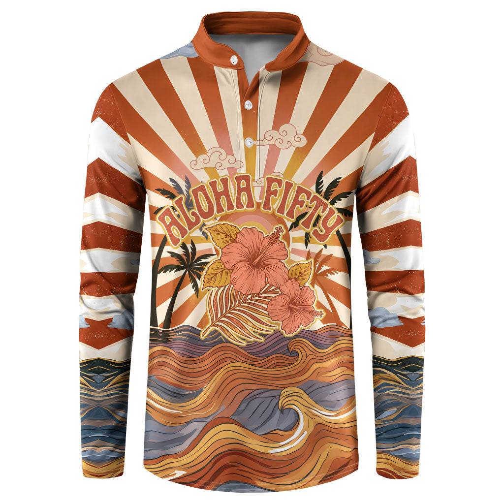 Aloha Nifty 50th Birthday Hawaii Button Sweatshirt Vintage Retro Sunburst Tropical Palm Tree Surfboard Art