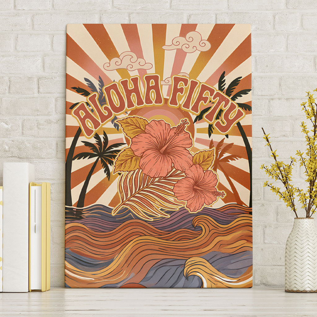 Aloha Nifty 50th Birthday Hawaii Canvas Wall Art Vintage Retro Sunburst Tropical Palm Tree Surfboard Art TS04 Without Frame Orange Beige - Polynesian Pride